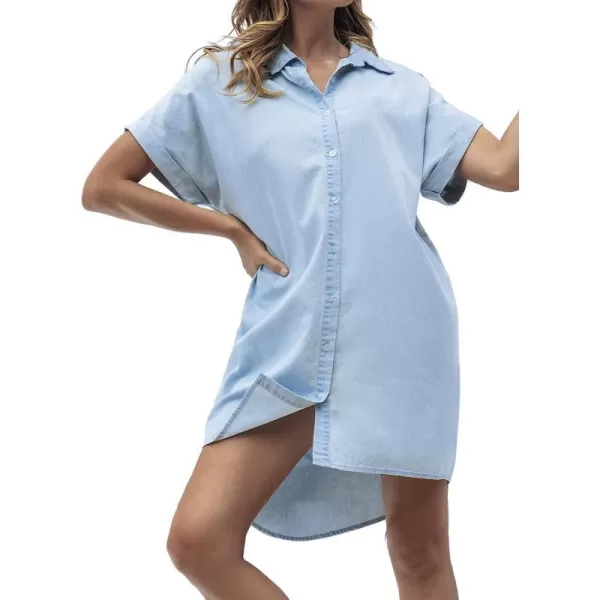 imageCUPSHE Womens V Neck Short Sleeve Button Down Mini Dress Denim Shirt DressBlue