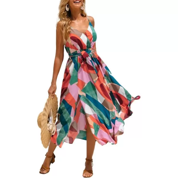 imageCUPSHE Womens V Neck Sleeveless Abstract Print Belted Midi Dress Slit Long Casual DressRedGreen