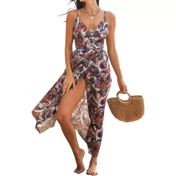 imageCUPSHE Womens V Neck Sleeveless Floral Print Belted Slit Long Dress Adjustable Cami Maxi DressRed Floral