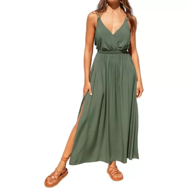imageCUPSHE Womens V Neck Sleeveless Long Pleated Dress Slit Cami Maxi DressOlive Green