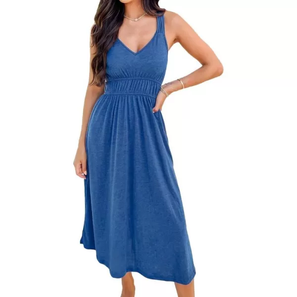 imageCUPSHE Womens V Neck Sleeveless Pleated Ruched Midi Dress Casual A Line Knit Long DressBlue