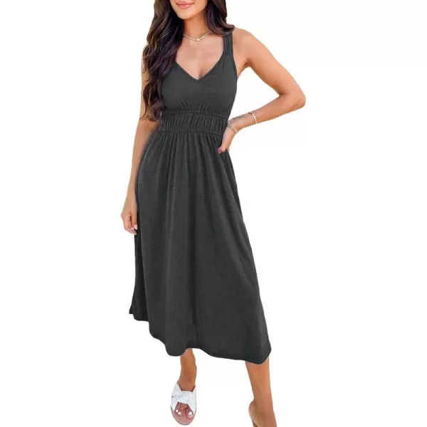 imageCUPSHE Womens V Neck Sleeveless Pleated Ruched Midi Dress Casual A Line Knit Long DressDark Grey
