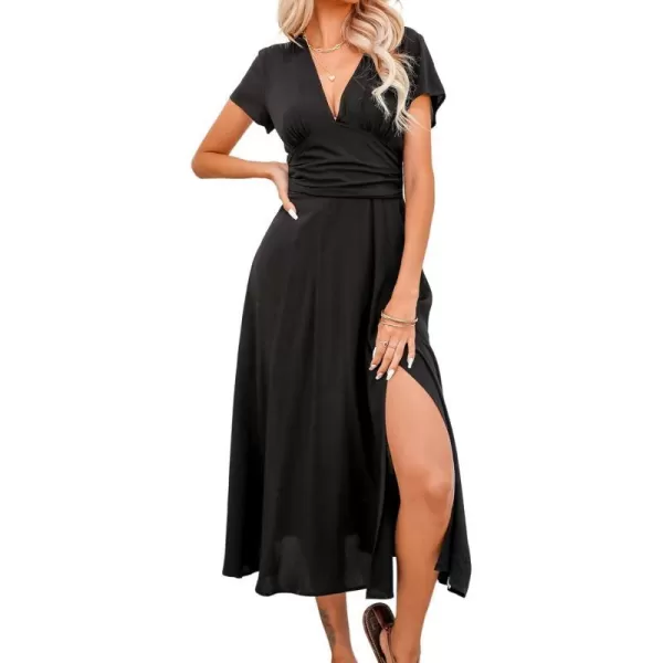 imageCUPSHE Womens V Neck Slit Maxi Dress Short Sleeve Ruched A Line DressBlack