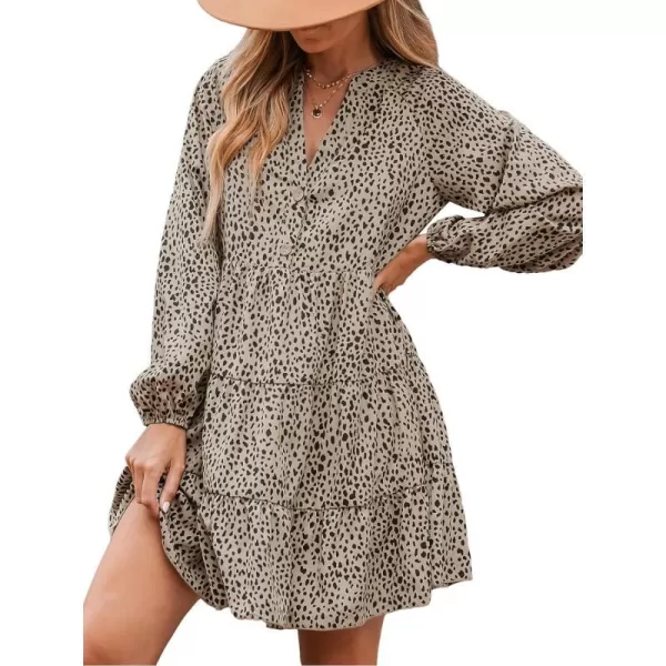imageCUPSHE Womens V Neck Speckled Print Long Sleeve Button Tiered Flounce Mini Dress Casual A Line Short DressBrown