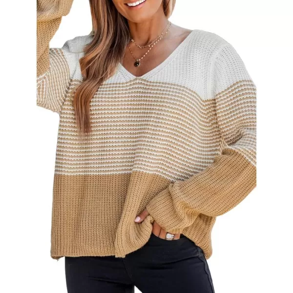 imageCUPSHE Womens V Neck Striped Colorblock Sweater Knit Tops Warm Pullover Sweater Dropped Long SleeveBrown