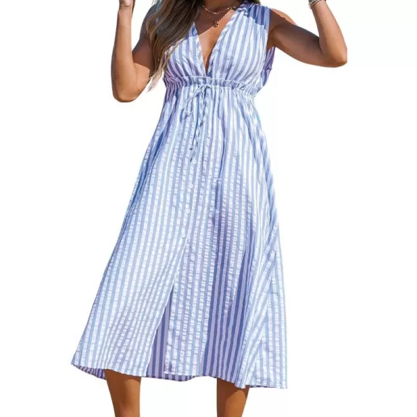 imageCUPSHE Womens V Neck Striped Drawstring Waist Dress Buttons Front Formal Dress A Line Midi DressLight Blue
