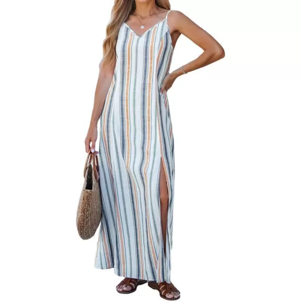 imageCUPSHE Womens V Neck Striped Maxi Dress Casual A Line Side Slit Summer Long DressBlue Striped