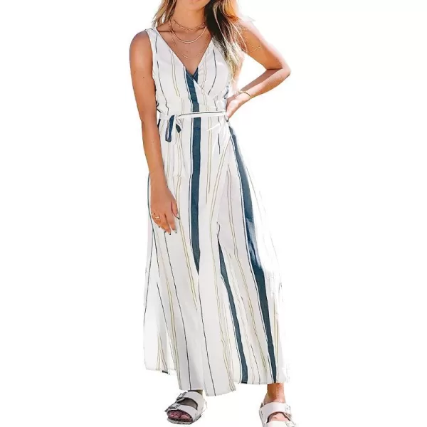imageCUPSHE Womens V Neck Striped Wrap Tie Waist Sleeveless Maxi DressMulticolor