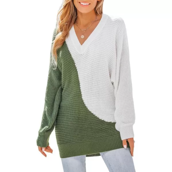 imageCUPSHE Womens V Neck Sweaters Long Sleeve Color Block Casual Loose Knitted Pullover TopsGreen