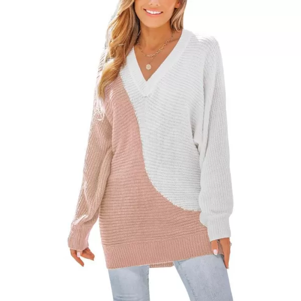 imageCUPSHE Womens V Neck Sweaters Long Sleeve Color Block Casual Loose Knitted Pullover TopsPink