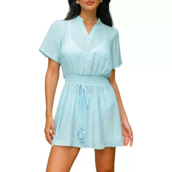 imageCUPSHE Womens V Neck Tassel CoverUp High Waist Short Sleeve A Line Mini DressSky Blue