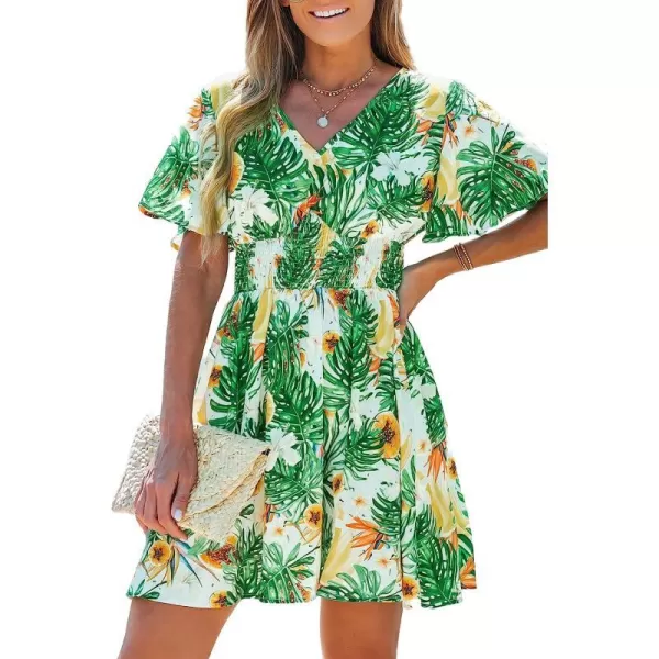 imageCUPSHE Womens V Neck Tropical Floral Print Smocked Short Sleeve Mini Dress Casual A Line Short DressGreen Leaf
