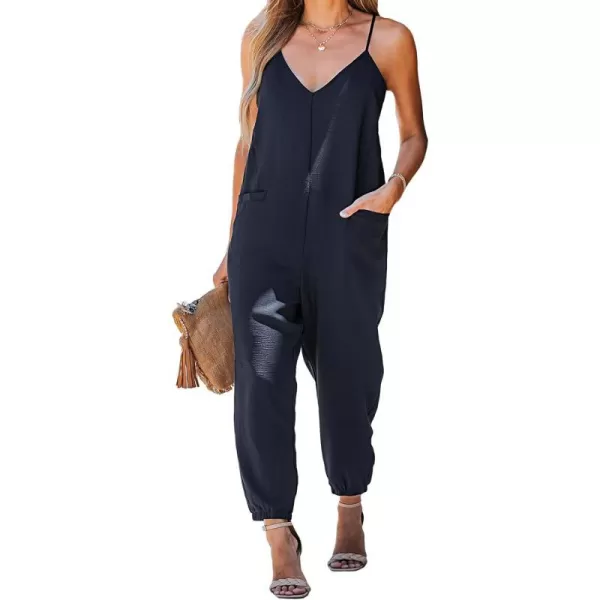 imageCUPSHE Womens VNeck Cami Jogger Jumpsuit Sleeveless Jumpsuits Sexy Casual with PocketsNavy