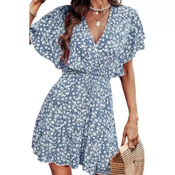 imageCUPSHE Womens VNeck Flared Sleeve Ditsy AShape Dress Froral Print Beach Summer Short DressesBlue