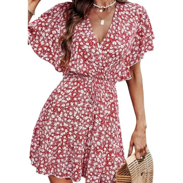 imageCUPSHE Womens VNeck Flared Sleeve Ditsy AShape Dress Froral Print Beach Summer Short DressesRed