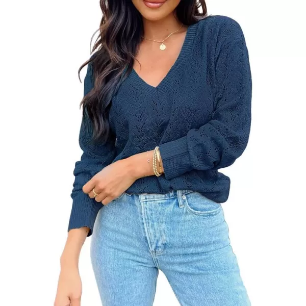 imageCUPSHE Womens VNeck Long Sleeve Knit Sweater Dropped Shoulders Pullover with Ribbed TrimDark Blue