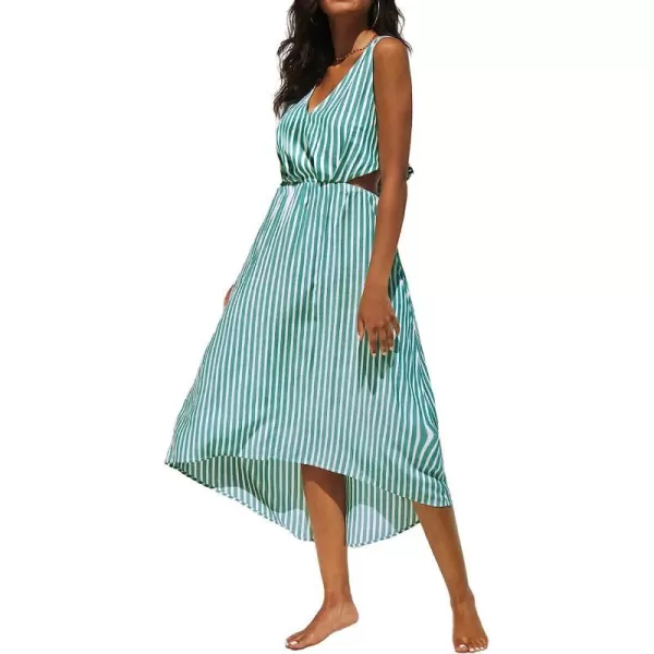 imageCUPSHE Womens VNeck Mid Calf Striped Elastic Waist DressGreen