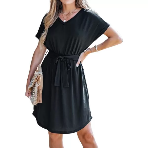 imageCUPSHE Womens VNeck Short Sleeve Mini Dress Belt Dresses Casual SummerBlack
