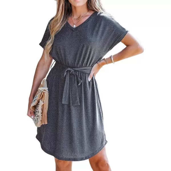 imageCUPSHE Womens VNeck Short Sleeve Mini Dress Belt Dresses Casual SummerGrey
