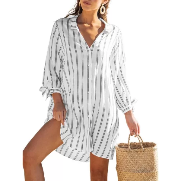 imageCUPSHE Womens VNeck Stripes TieCuff Top Oversized White Long Sleeves Tops BlouseWhite