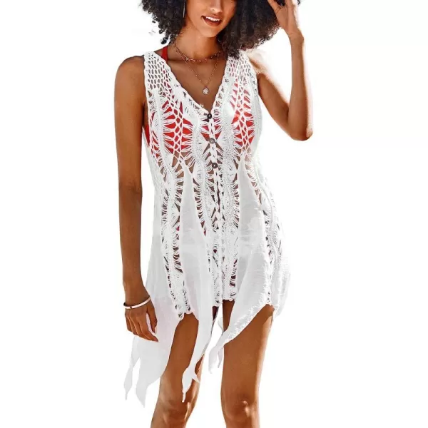 imageCUPSHE Womens White Crochet Cover Up Asymmetrical Dress Button Sleeveless Hollow OutWhite