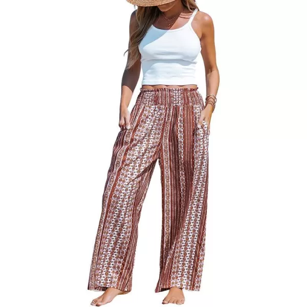 imageCUPSHE Womens Wide Leg Tribal Print Smocked Pants High Elastic Waisted Bobo PantsBrown