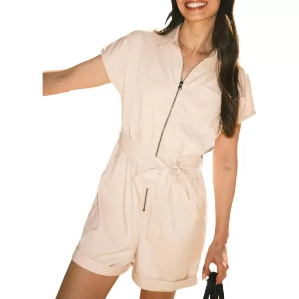 imageCUPSHE Womens Zipper Shirt Collar Pocket Romper Casual Tie Waist RompersOffwhite