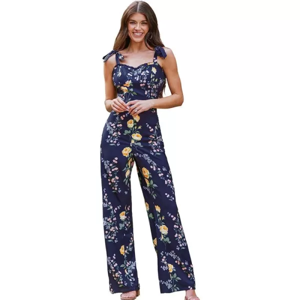 imageCUPSHE X Madison Bow Tie Straps Floral Print Straight leg Romper Sleeveless Bouquet Long JumpsuitNavy Floral