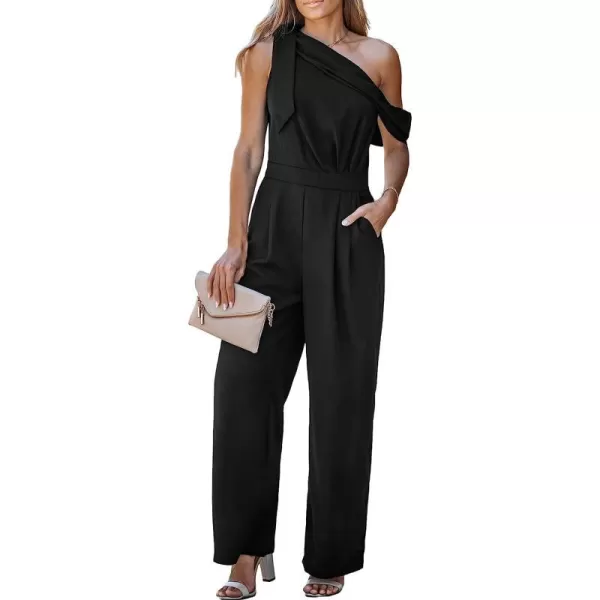 imageCUPSHE X Madison Women Romance Bow OneShoulder Jumpsuit Wide Leg Rompers Bow Accent JumpsuitsBlack