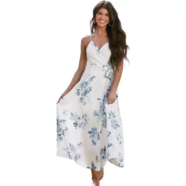 imageCUPSHE X Madison Womens Floral Print Long Dress Cami Strap Formal Dress Belt Side Slit Long Chiffon Maxi DressWhite