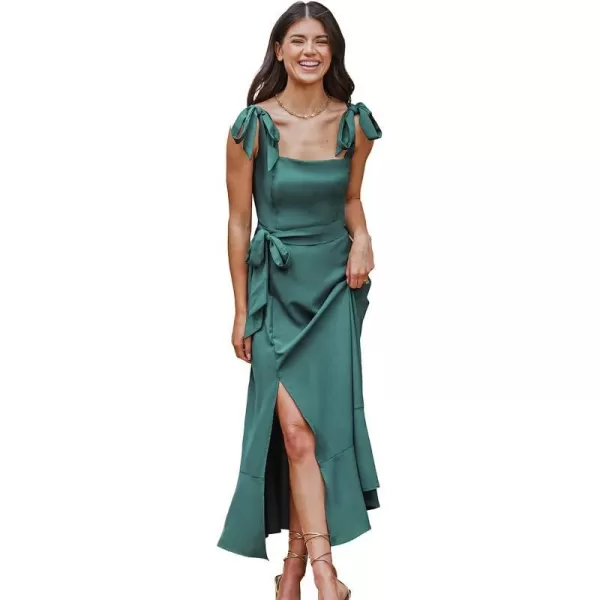 imageCUPSHE X Madison Womens Love Belted Tie Strap Dress Pleated Smocking Slit Formal Dress Maxi DressGreen