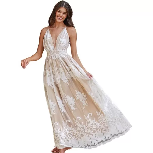 imageCUPSHE X Madison Womens Love Cross Back Maxi Dress V Neck Lace Appliques Formal Dress A Line Long DressChampagne