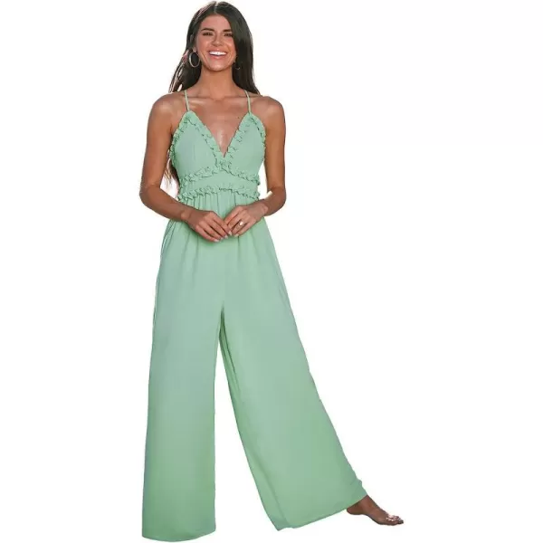 imageCUPSHE X Madison Womens Sleeveless V Neck Ruffled Cami Romper Cross Back High Waist Loose Long Maxi JumpsuitMint Green
