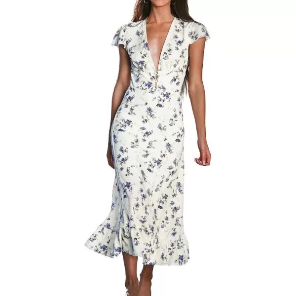 imageCUPSHE X Madison Womens V Neck Ruffle Cap Sleeve Long Dress Floral Print Formal Dress Button Front Ruffled Maxi DressWhite