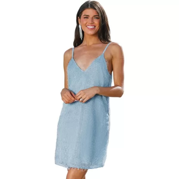 imageCUPSHE X Madison Womens V Neck Short Dress Adjustable Cami Strap Fringe Slip Formal Dress Mini DressOcean Blue