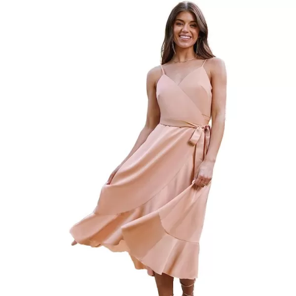 imageCUPSHE X Madison Womens V Neck Tie Side Waist Ruffled Tulip Hem Dress Honeymoon Ruffled Wrap Midi DressPink