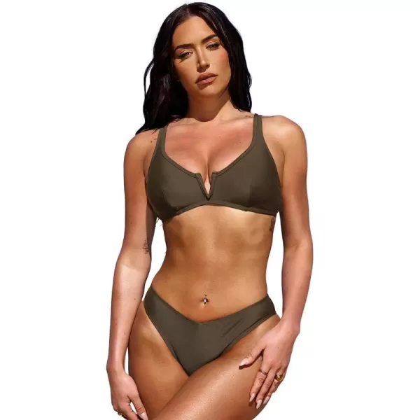 imageCUPSHE X STASSIE Bikini Set for Women Two Piece Swimsuits Adjustable Straps V Neck Back Hook VWire Cheeky BottomBrown