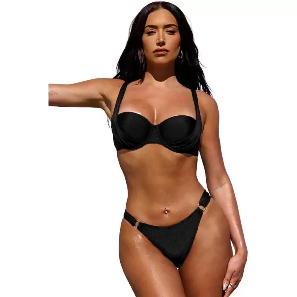 imageCUPSHE X STASSIE Bikini Set for Women Two Piece Swimsuits Low Rise Adjustable Straps Back Hook Push Up O Ring Cheeky BottomBlack