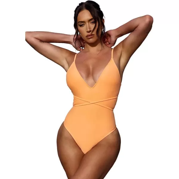 imageCUPSHE X STASSIE One Piece Swimsuit for Women Bathing Suits Plung V Neck Strappy Crisscorss LaceUp SwimwearLight Orange