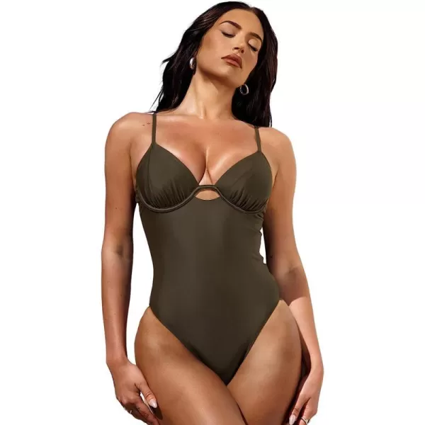 imageCUPSHE X STASSIE One Piece Swimsuit for Women Bathing Suits Ruched Cutout Back Tie with UnderwireBrown