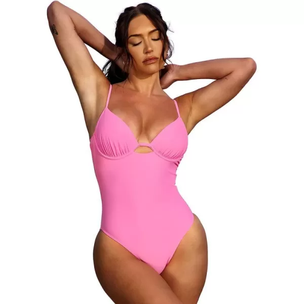 imageCUPSHE X STASSIE One Piece Swimsuit for Women Bathing Suits Ruched Cutout Back Tie with UnderwirePink