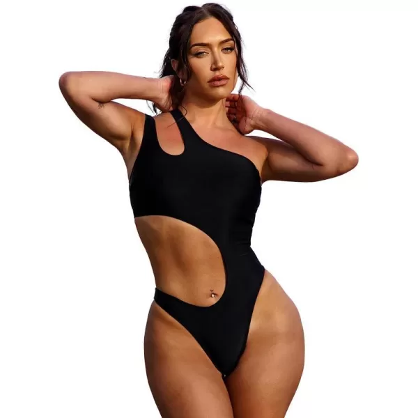 imageCUPSHE X STASSIE One Piece Swimsuit for Women One Shoulder Bathing Suits Cutout High Cut SwimwearBlack