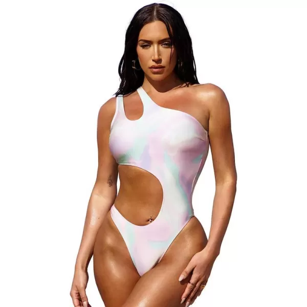 imageCUPSHE X STASSIE One Piece Swimsuit for Women One Shoulder Bathing Suits Cutout High Cut SwimwearPurple and Tie Dye