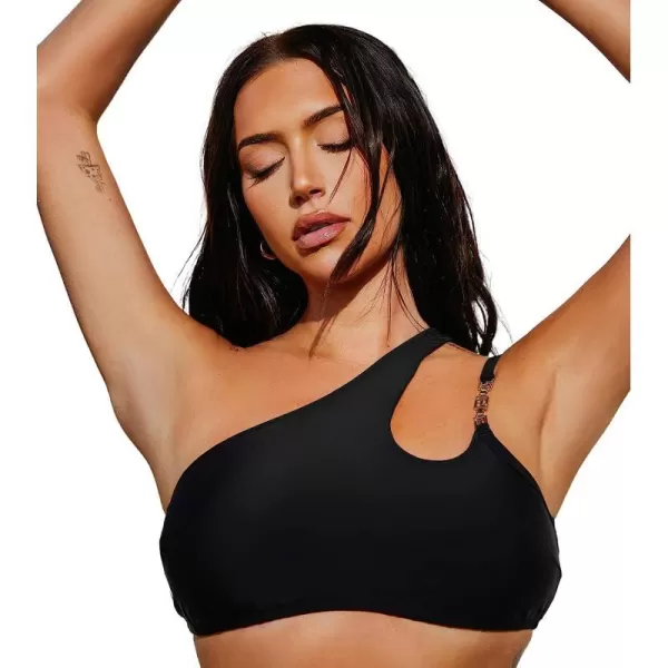 imageCUPSHE X STASSIE Women Bikini Tops Swimsuit Asymmetrical Neck Cutout Square Ring Chain Bathing SuitsBlack