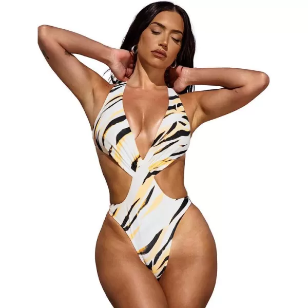 imageCUPSHE X STASSIE Women One Piece Swimsuit Deep V Neck Cutout Sides X Back Backless High Cut Cheeky Bathings SuitsMarble Print