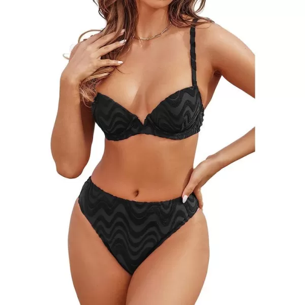 imageCUPSHE X STASSIE Women Swimsuit Bikini Set Two Piece Bathing Suit High Waisted Push Up Cheeky Bottom Water Ripple PrintBlack