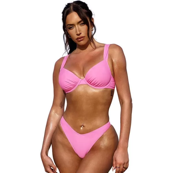imageCUPSHE X STASSIE Women Swimsuit Bikini Set Two Piece Bathing Suit Sweetheart Neck Push Up V Cut Cheeky BottomLight Magenta