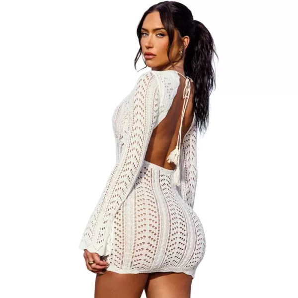 imageCUPSHE X STASSIE Womens Crochet Backless Cover Up Dress Long Sleeve Scalloped Beach Mini Bodycon DressWhite