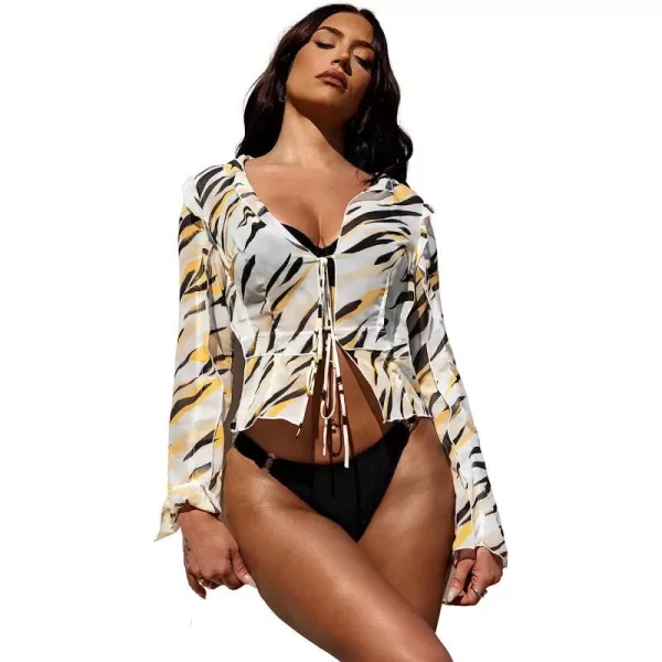 imageCUPSHE X STASSIE Womens Sexy Ruffled Bathing Suit Cover Up Tie Front Summer Beach CoverupsYellow Zebra