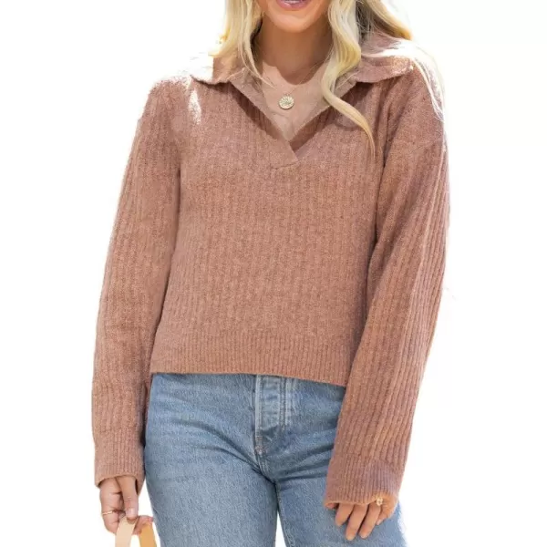imageCUPSHE X Savannah Women Sweater V Neck Classic Cozy Rib Tops Long Sleeves Knit Pullover SweaterBrown